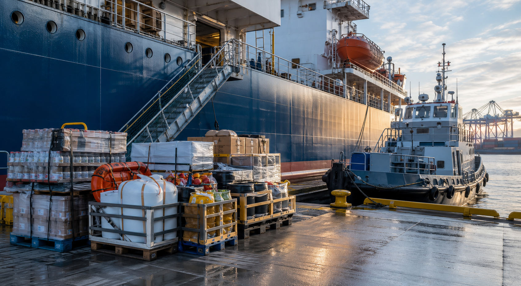 Organized vessel husbandry and ship supply operation at port